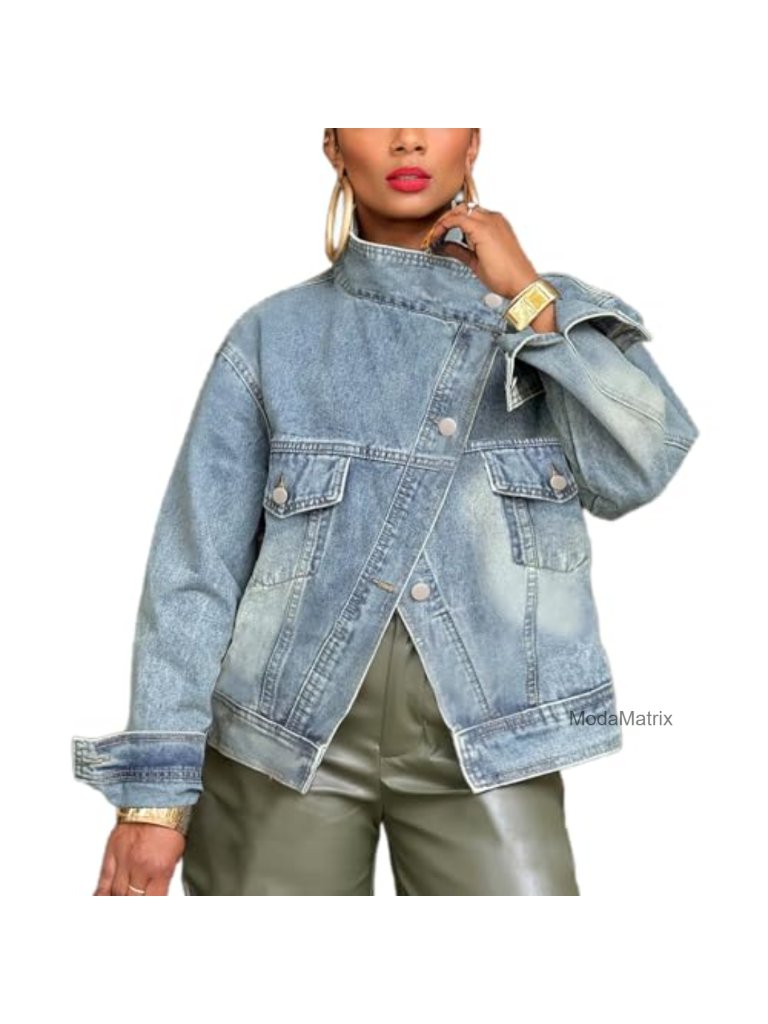 Oversized Distressed Denim Jacket Women Long Sleeve Button Down Casual